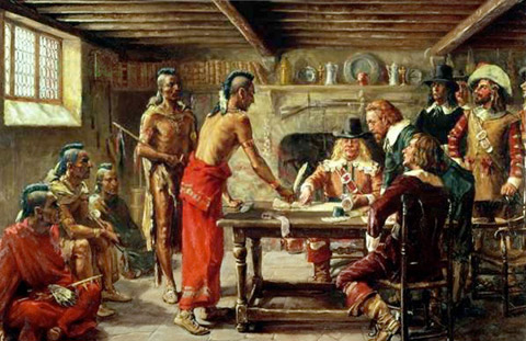 "Signing the Treaty with the Indians". Gemälde von John Ward Dunsmore (1856-1945).