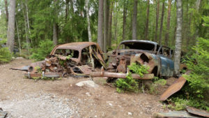 Zwei alte Autos im Wald.